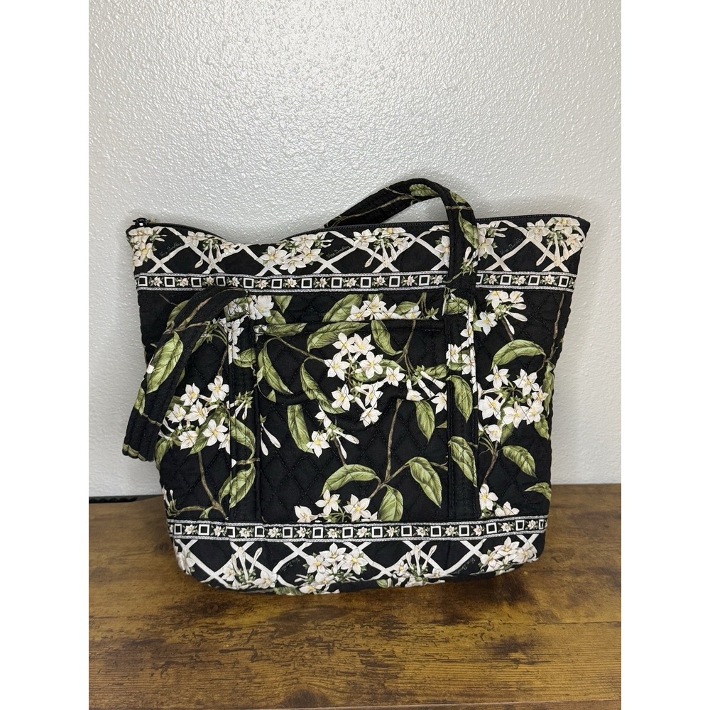 Vera Bradley Jasmine Zip Top Tote Bag-Retired Vintage Floral Black Pockets
